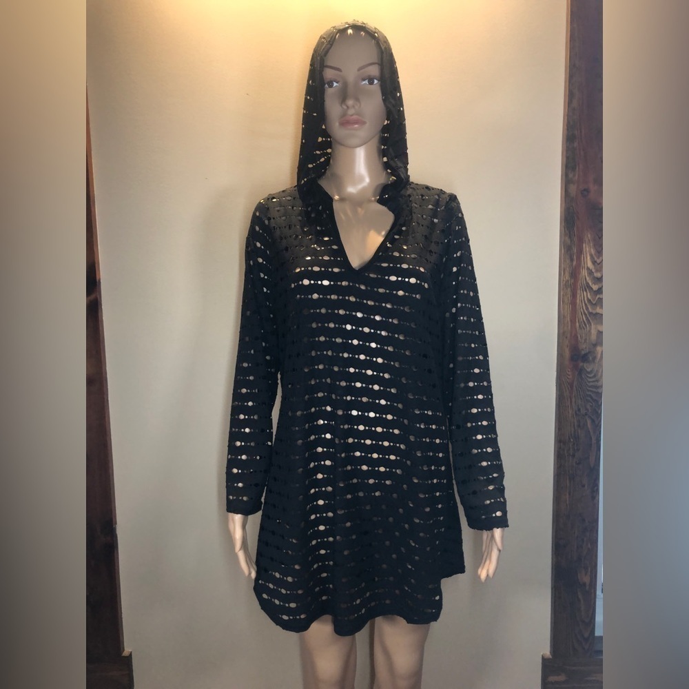 Sandiva Black Pointelle Eyelet Hooded Swim Cover Up Tunic